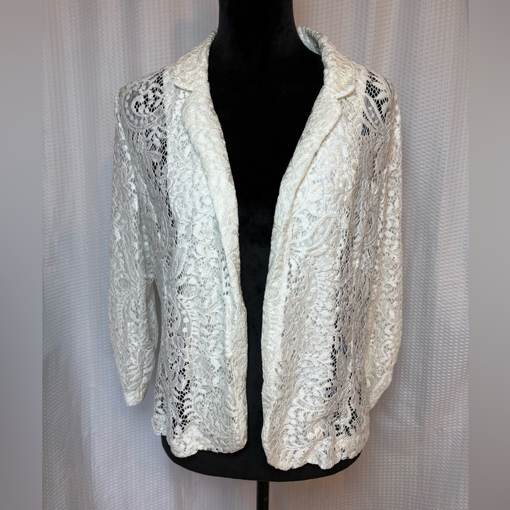 Est. 1946 women’s white lace open front jacket collard fairy enchanted L NWT